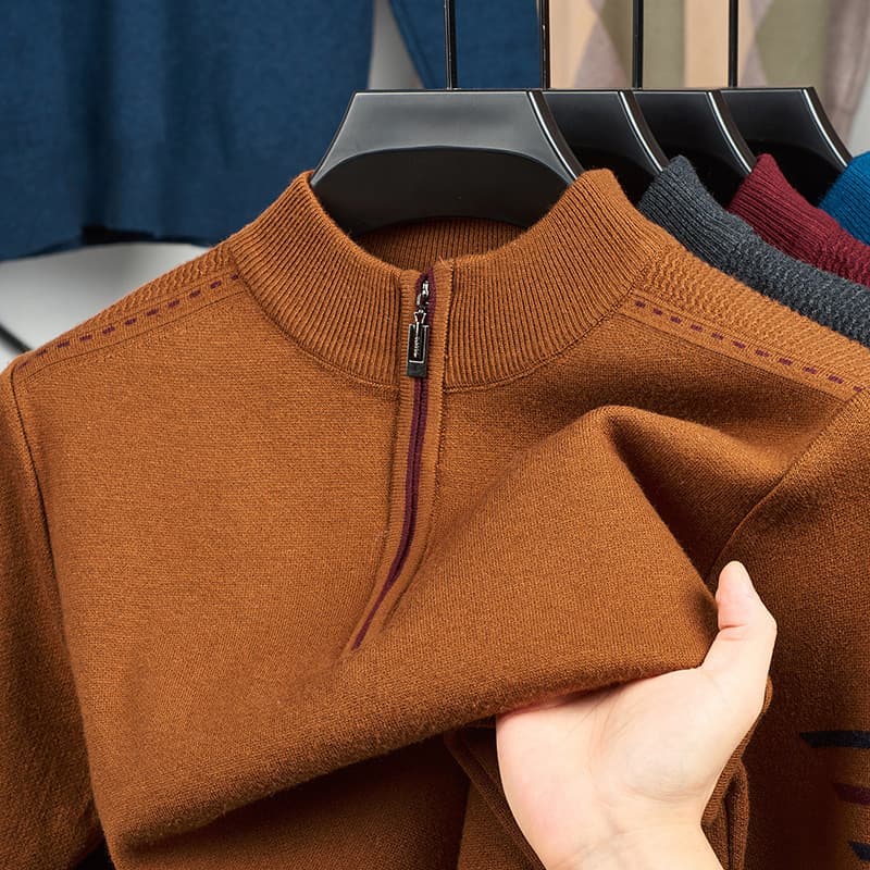 Winter Men's Stand Collar Half-Zip Sweater Thick Knit Wool Sweater for Dad Wholesale