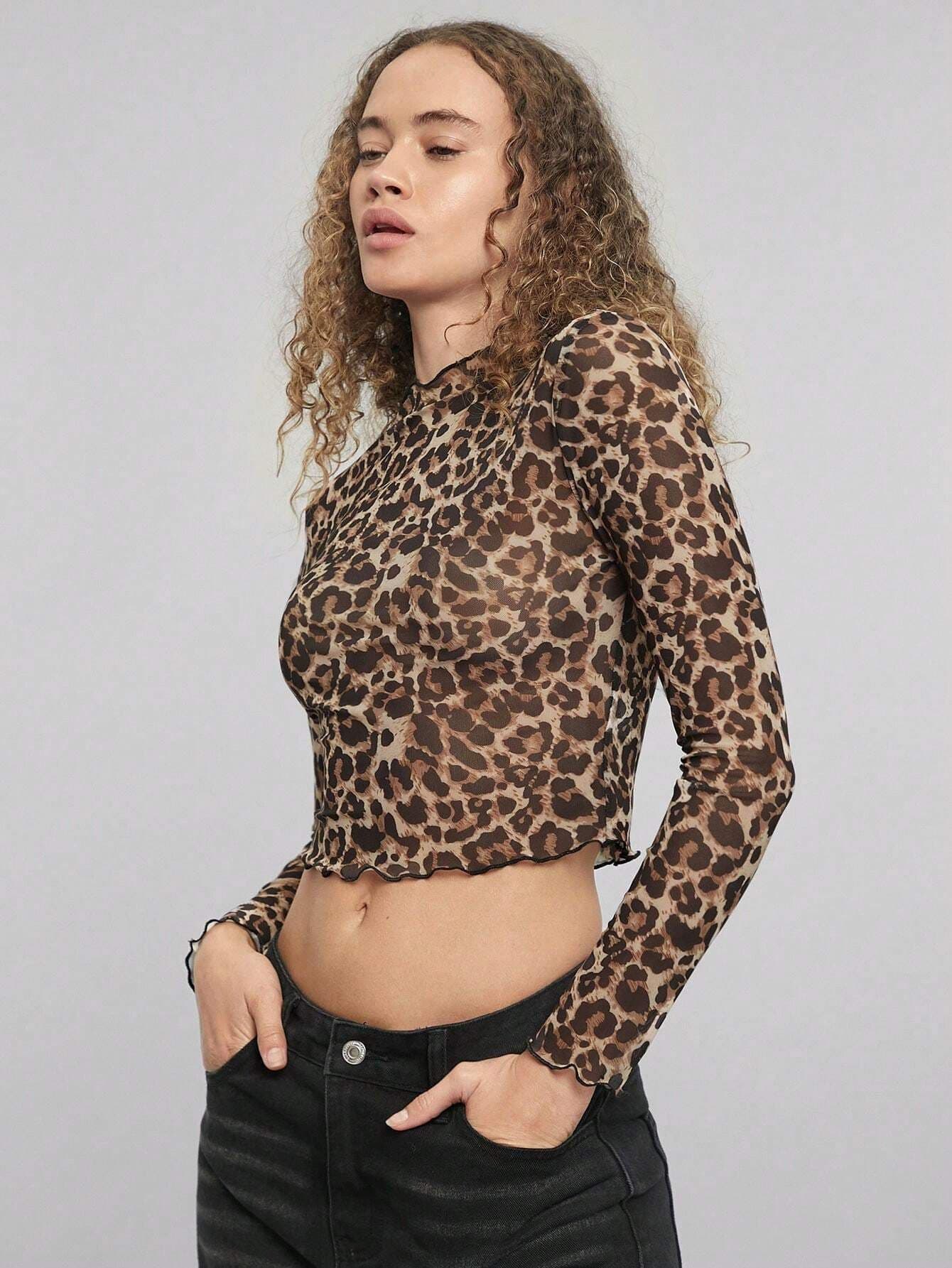 2026 New Elegant Women's Mesh Leopard Print Stand Collar Long Sleeve Short T-Shirt Top for European and American Cross-Border Market