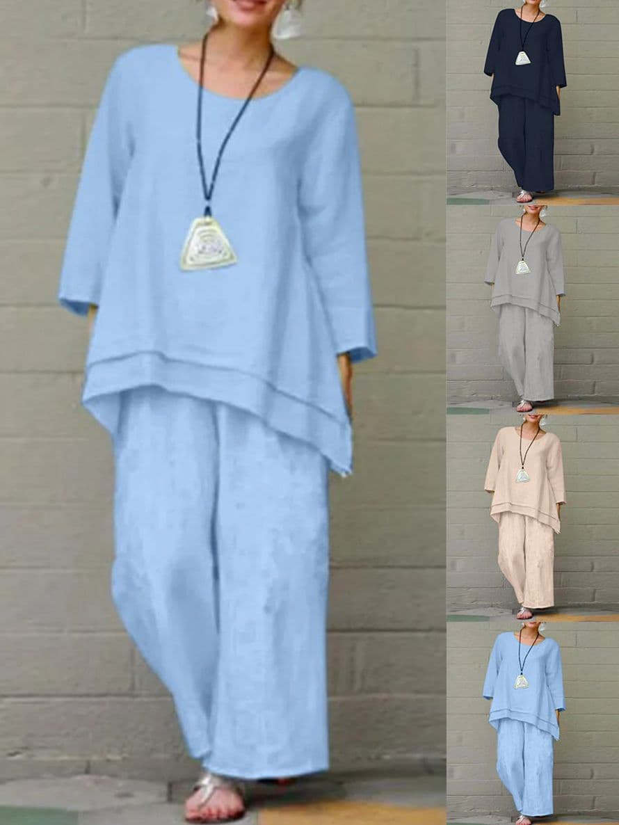 2023 Cross-Border Plus Size Women's Solid Color Chinese Style European and American Pants Set Cotton Linen Casual Long Sleeve Loose Cotton Set