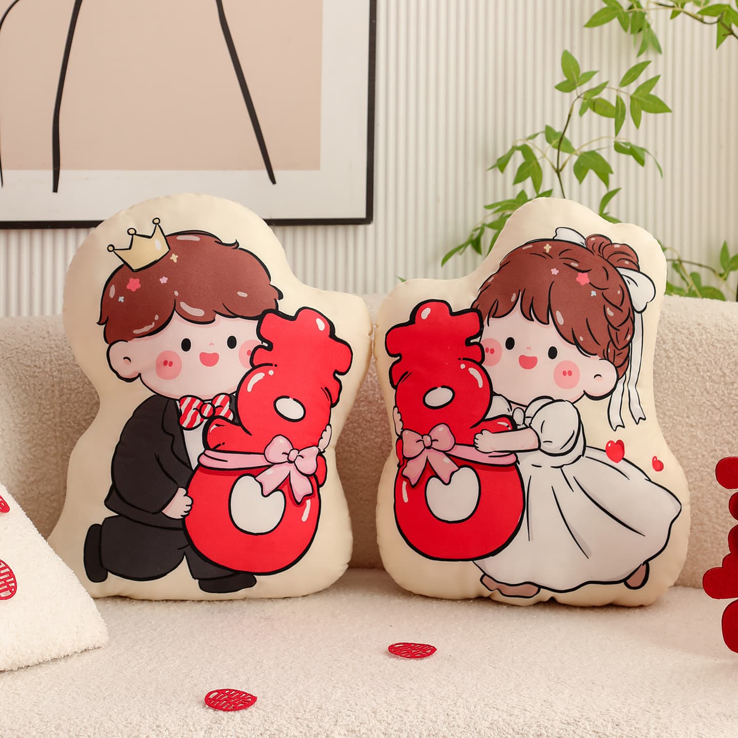 2025 New Premium Wedding Doll Pillow Pair with Double Happiness Print for Bridal Chamber and Dowry