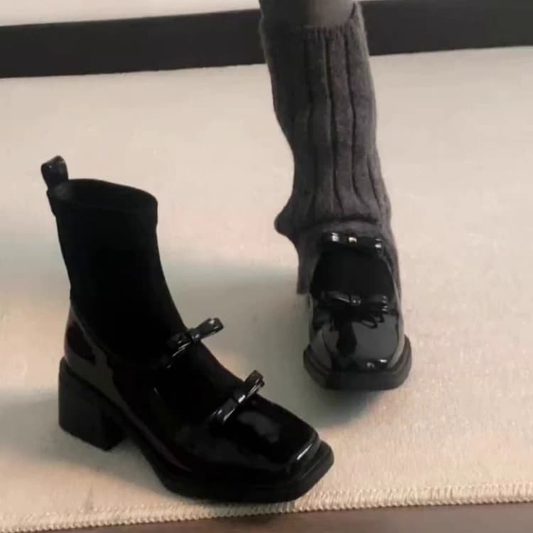 Sheepskin version~ Chanel-style bow elastic slim boots 2025 versatile square toe chunky heel back zipper slimming sock boots