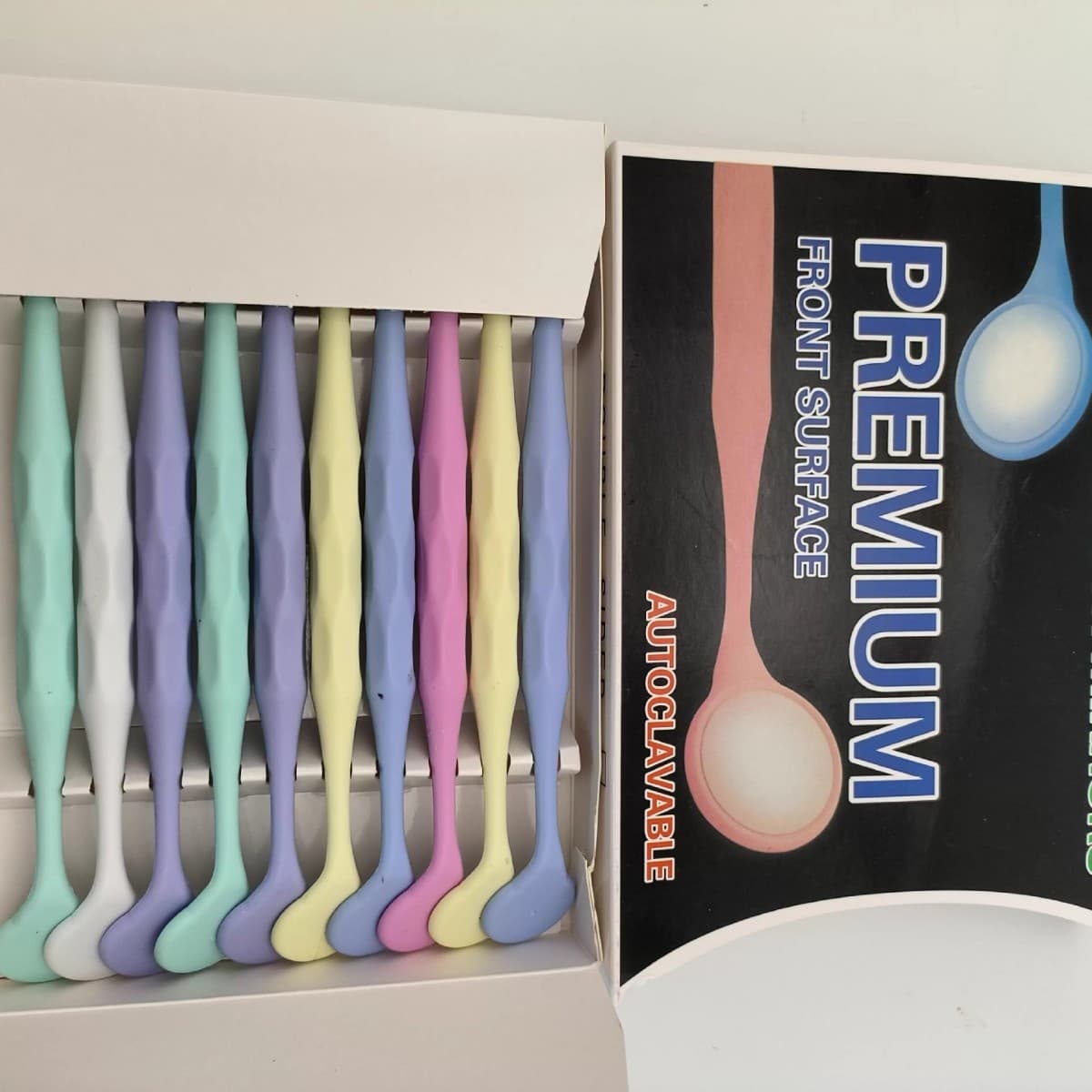 Dental mouth mirror, colored plastic single-sided/double-sided mouth mirror, stainless steel lens, box of 10 mirror-coated mouth mirrors