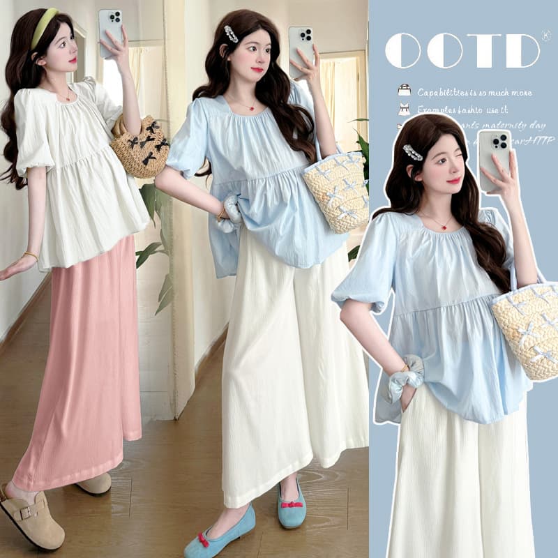 Maternity Summer Outfit Set 2026 New Style for Pregnant Moms, French-Style Puff Sleeve Square Neck Tie-Up Top and Wide-Leg Pants Two-Piece Set