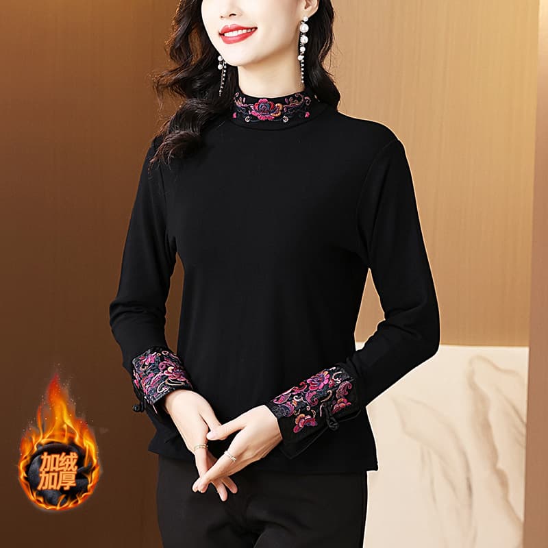 Heavy Embroidery High Neck Brushed Base Layer Women's Autumn-Winter 2025 New Stretch Long-Sleeve Inner Top
