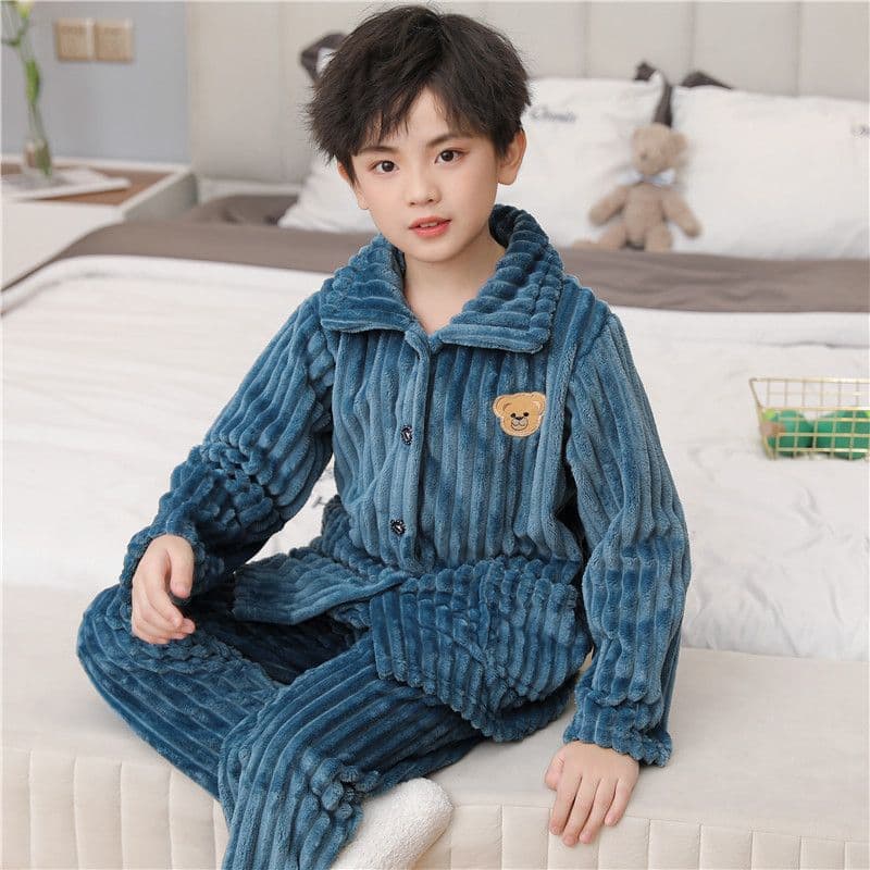 Curated Children's Flannel Pajamas Autumn/Winter Boys Girls Homewear Set Medium to Large Kids Fleece-Lined Thickened Girl