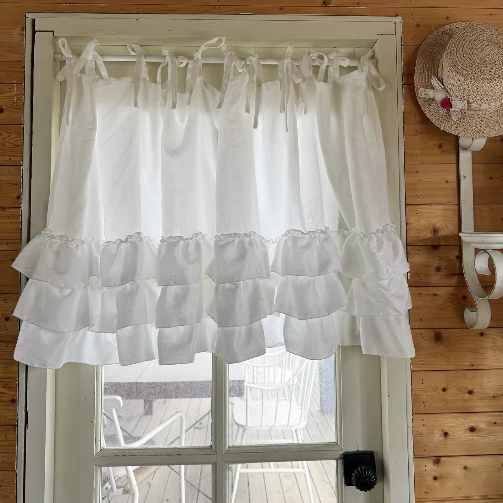 French white three-layer lotus leaf lace half curtain coffee curtain without punching door curtain American cross-border small curtain cabinet curtain