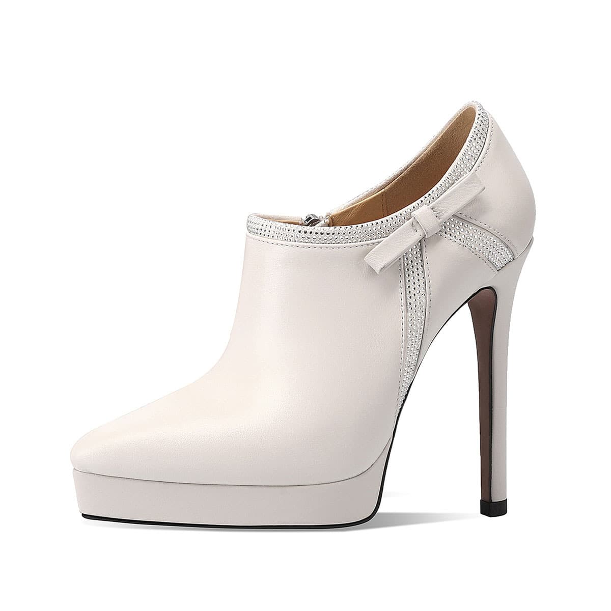 Top Layer Cowhide Thick Sole Rhinestone High Heel Shoes, Pointed Toe Deep Mouth Side Zipper Ultra-high Heel Bow Pump, Wedding Banquet Shoes for Women