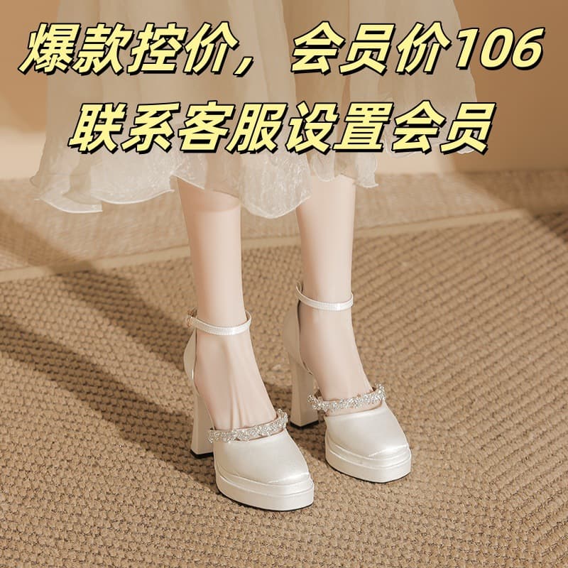 8043-Z77 Double Waterproof Platform Mary Jane High Heels Spring New Arrival, Premium Satin Square Toe Chunky Heel with Single Buckle