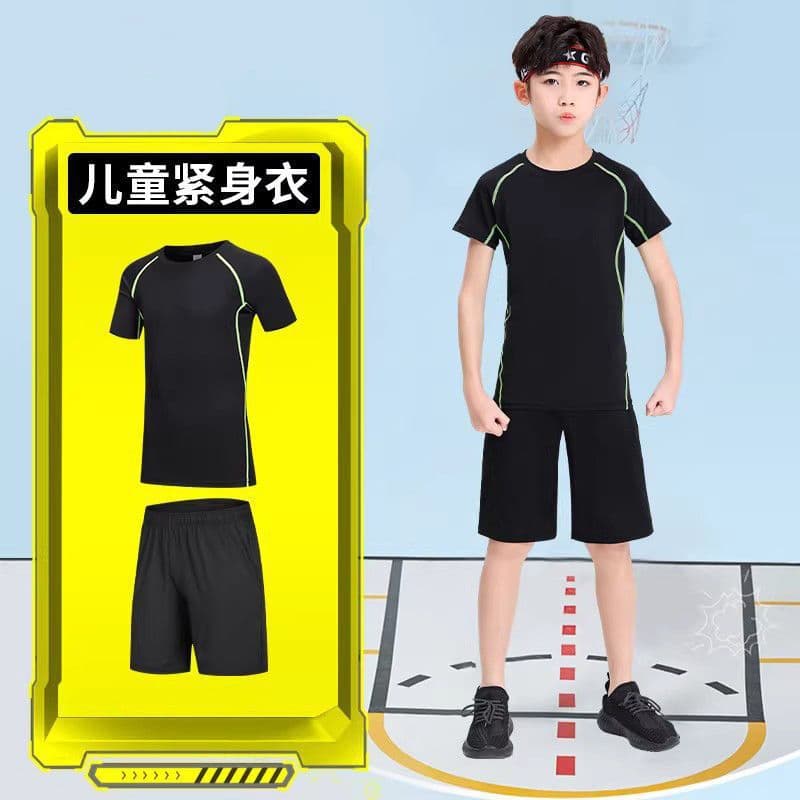 Kids Compression Training Shirt Set Boys Basketball Soccer Base Layer Quick-Dry Short Sleeve Running Fitness Wear