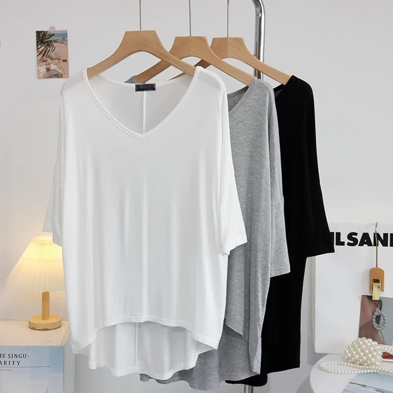 Large V-neck Modal T-shirt Women's Summer Front Short Back Long Butt Covering plus size Top Seven-sleeve Sunscreen Sports Blouse