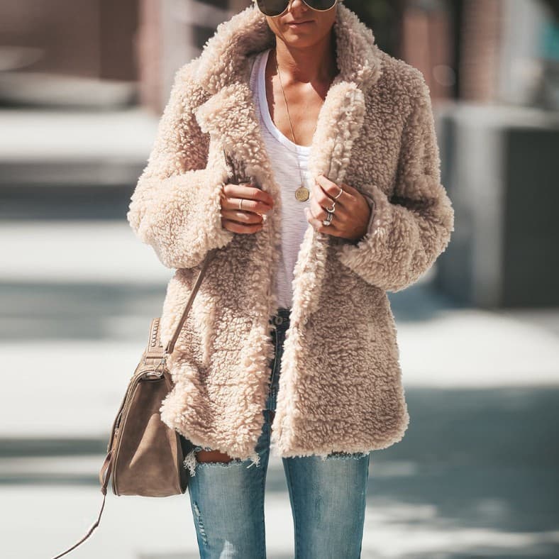 Cross-border European and American Autumn/Winter Fleece Coat eBay Amazon Notch Lapel Solid Color Lamb Wool Long Sleeve Cardigan