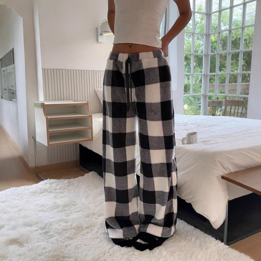 In Stock Autumn/Winter New Arrival Amazon AliExpress Cross-border Thick Plaid Casual Fashion Loose Wide-leg Fleece Pajama Pants