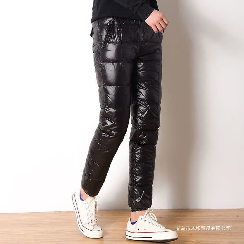 Men's down pants for indoor and outdoor wear, high-waist slim-fit sporty large-size thickened white duck down warm cold-proof cotton pants.