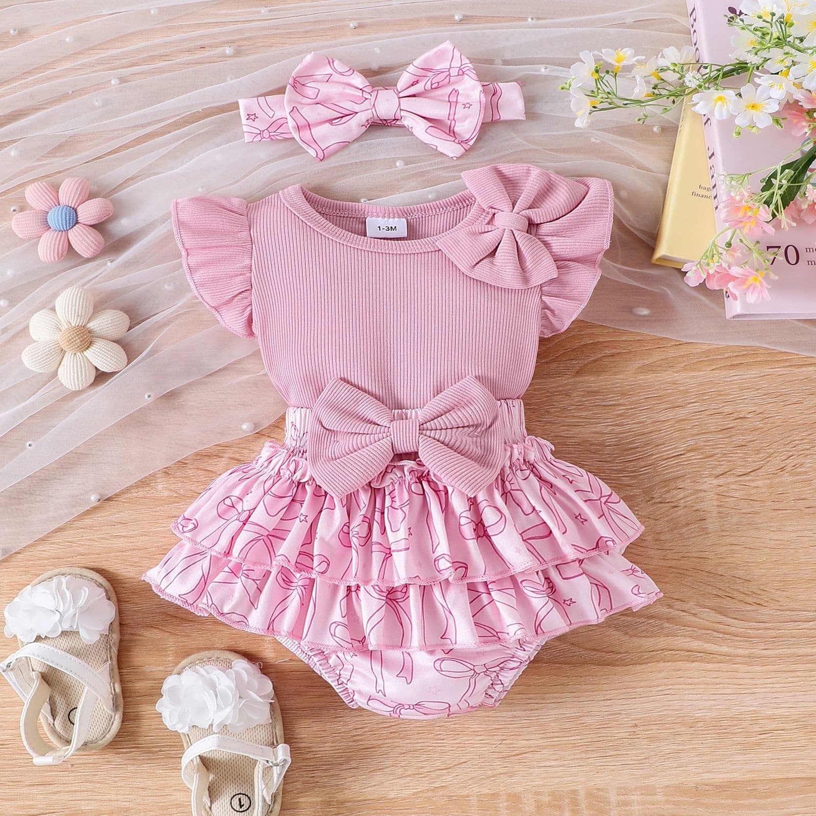 Yunbo European and American summer girls' suits for infants and toddlers baby girls' harem suits with bows, short-sleeved tops, pants, skirts, and headgear