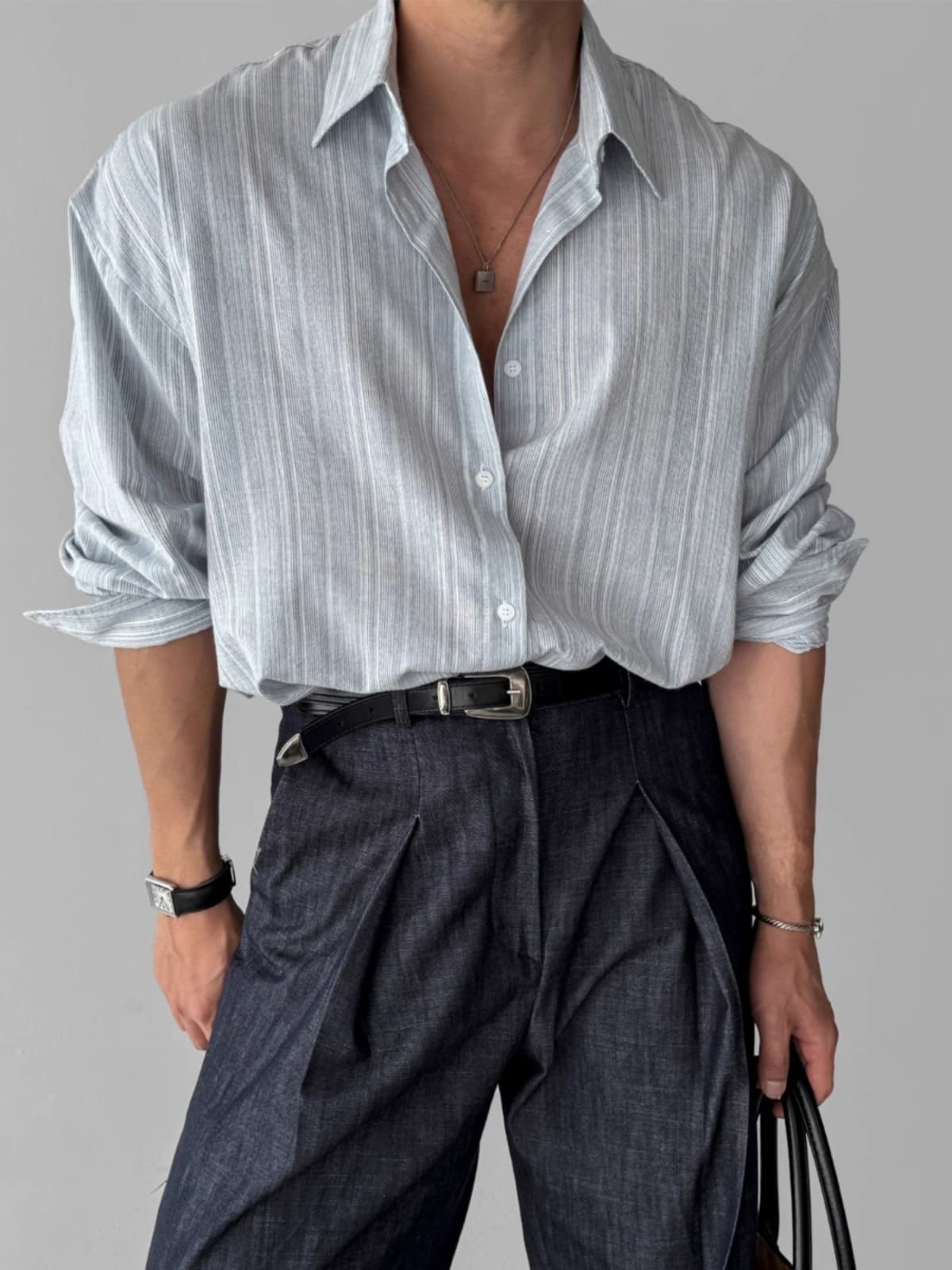 Men's Linen Striped Long Sleeve Casual Shirt Lightweight Summer Spring Blue Anti-UV Iron-Free Loose Fit Fashionable Business Shirt