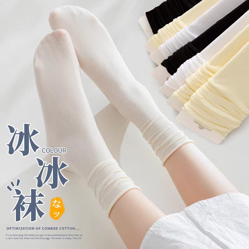 White Ruffle Socks for Women, Mid-Calf Socks, Spring and Summer Thin Ice Silk Socks, Velvet Disposable Socks, Daily Throwaway Socks for Women