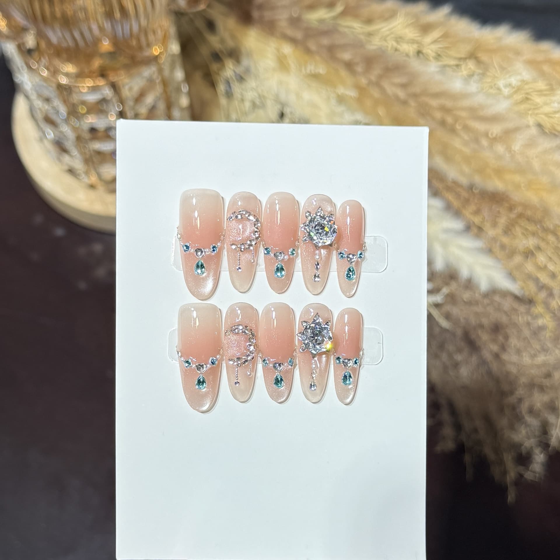 Dairuisen [Moonlit Cloud] Ice-Transparent Nude Cat Eye French Manicure Premium K9 Rhinestone Handmade Press-On Nails