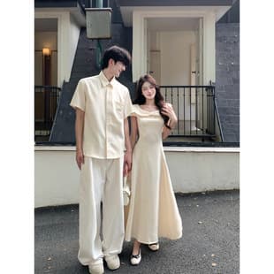 2026 Summer Couple Outfit New Wedding Registration Photo Dress Short Sleeve Dress Women Men Shirt One Skirt One Top Season