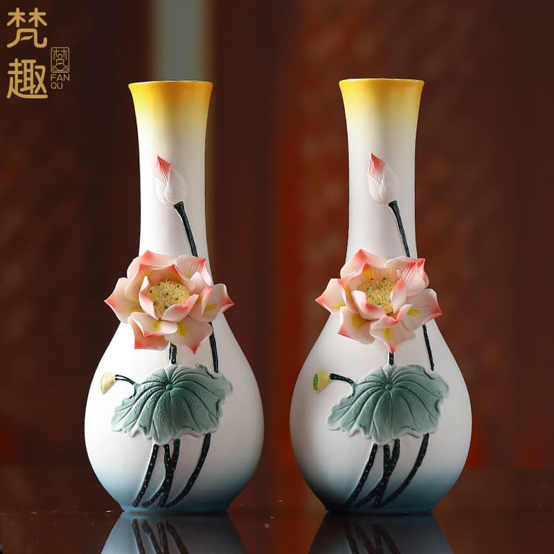 Fanqu Ceramics Lotus Vase Handmade Ornament for Home Living Room Flower Arrangement Buddha Offering New Chinese Style Lotus Vase