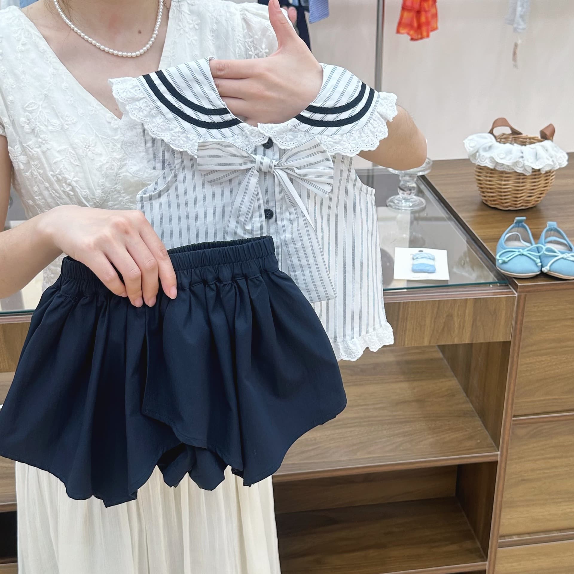 2026 new summer girls college style sweet Korean style navy collar striped short-sleeved culottes suit 26111