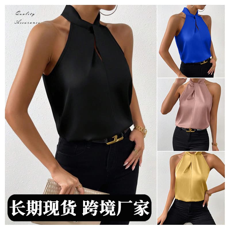 2025 Summer New European and American Women's Satin Halter Sleeveless Vest, Silk-like Satin Top in Stock