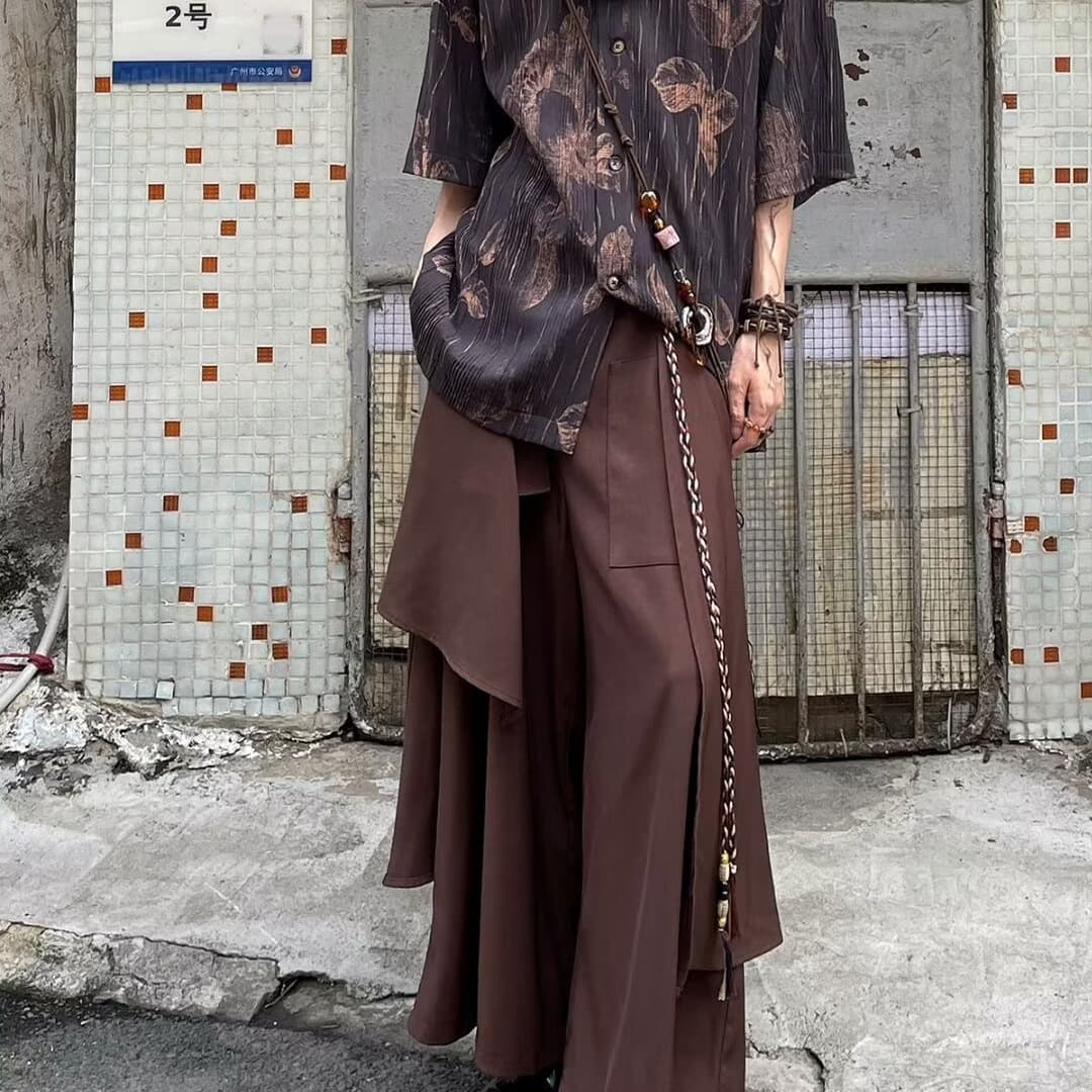 Xianmei E Vintage Layered Yohji Yamamoto Style Irregular Chinese Tassel Wide-Leg Skirt Pants Loose Trousers Culottes