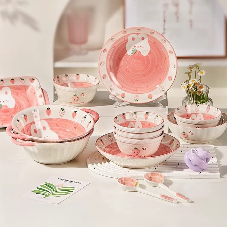 Home Rice Bowl Soup Bowl Strawberry Rabbit Cute Pink Dinnerware Plate Bowl Set Ceramic Bowl and Plate Combination