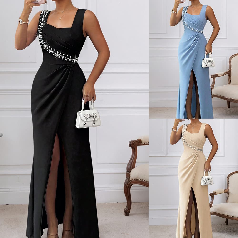 Luxury Beaded Square Neck Sleeveless Evening Gown with Waist Shirring and High Slit Long Banquet Dress
