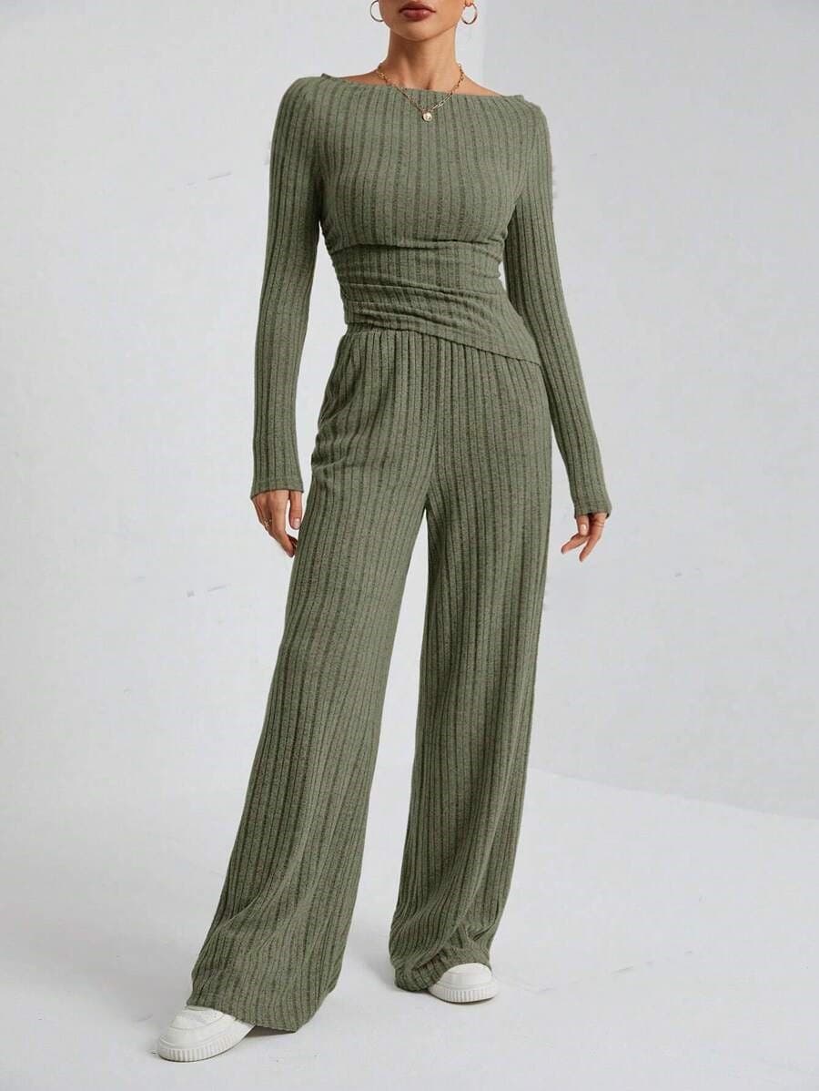 European and American Cross-border Trade 2025 Autumn/Winter Casual Solid Color High-neck Knitted Long-sleeve Side Waist-tightening Loose Pants Two-piece Set