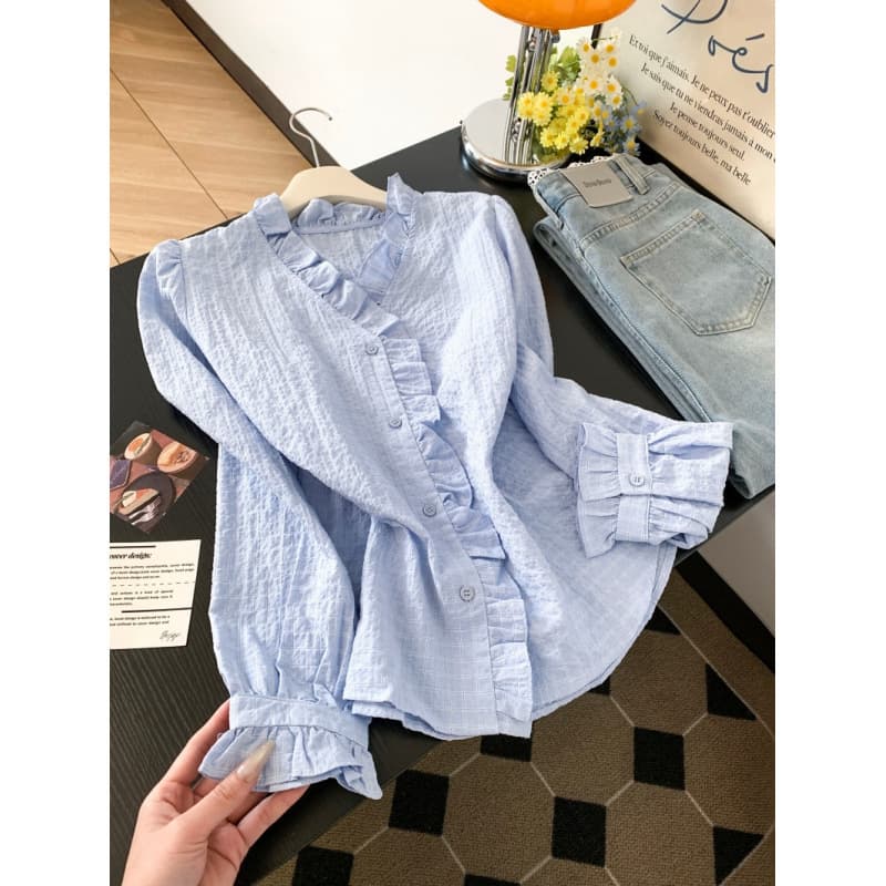 2026 New Korean Style Premium Blue Lace V-Neck Blouse for Women Spring Summer Single-Breasted Versatile Shirt