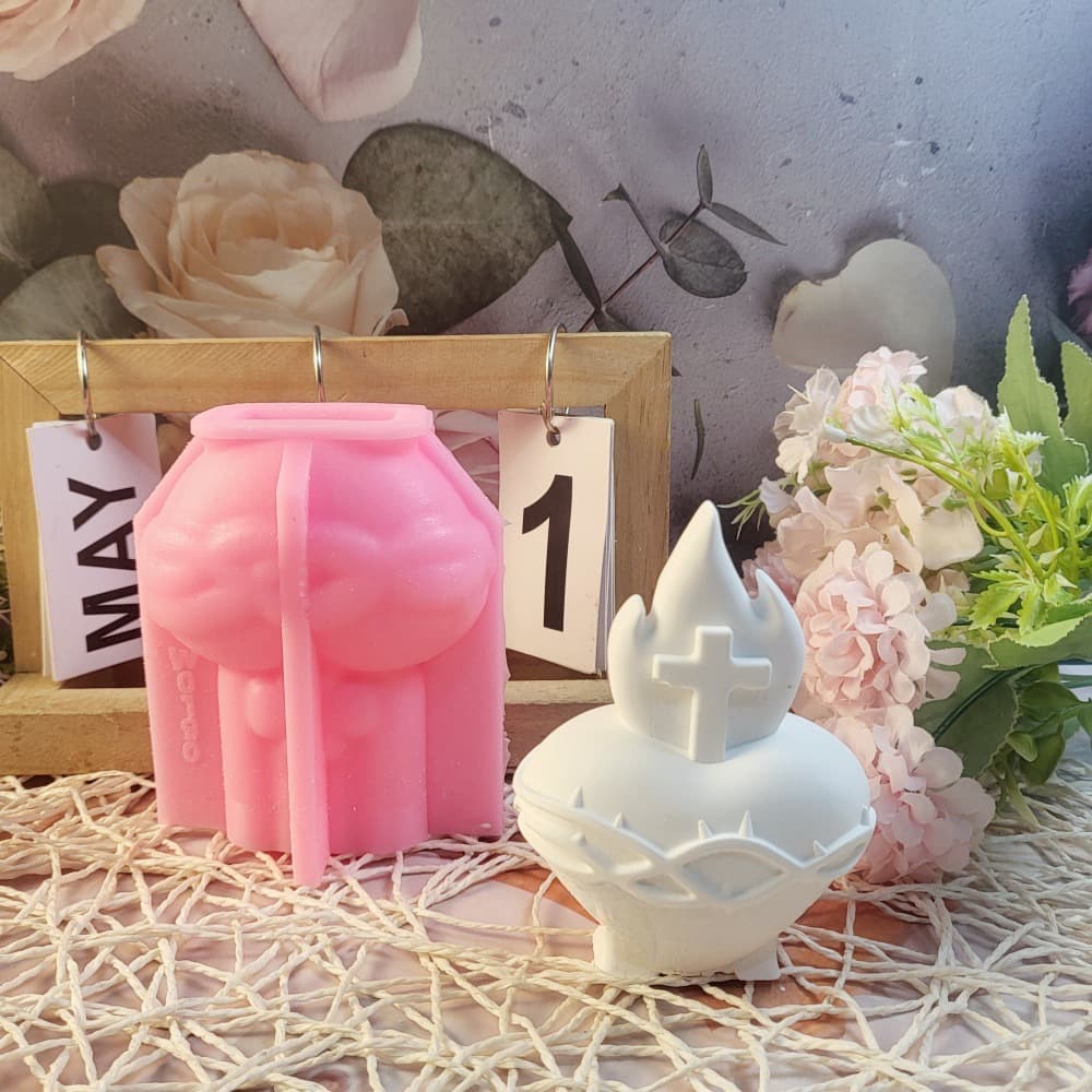 Sacred Heart Night Stay Candle Mold Plaster Ornament Candle Mold DIY Plaster Cement Silicone Mold W0190
