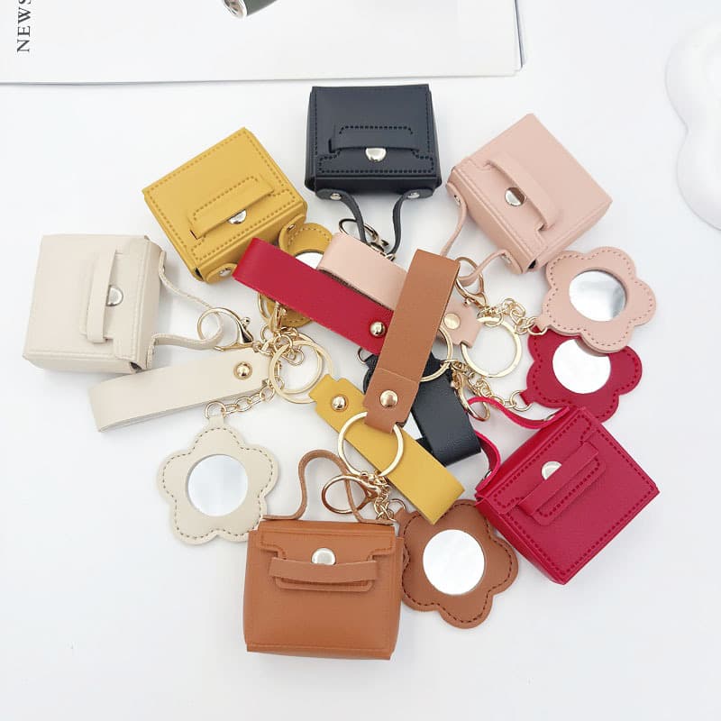 High-end fashion lipstick bag luggage charm niche bag leather keychain with mirror hanging mini key bag