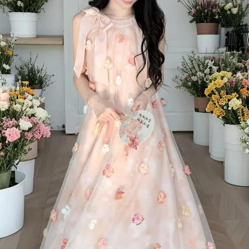 Heavy industry three-dimensional flower halter neck off-shoulder dress for women summer sweet and gentle style lace-up waist long first love dress