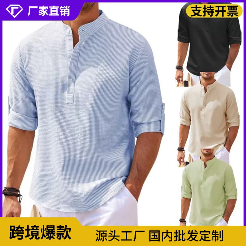 Cross-Border Foreign Trade Linen Solid Color Long Sleeve Shirt Casual Stand Collar Loose Men's Henley Shirt Long Sleeve Half-Button Shirt