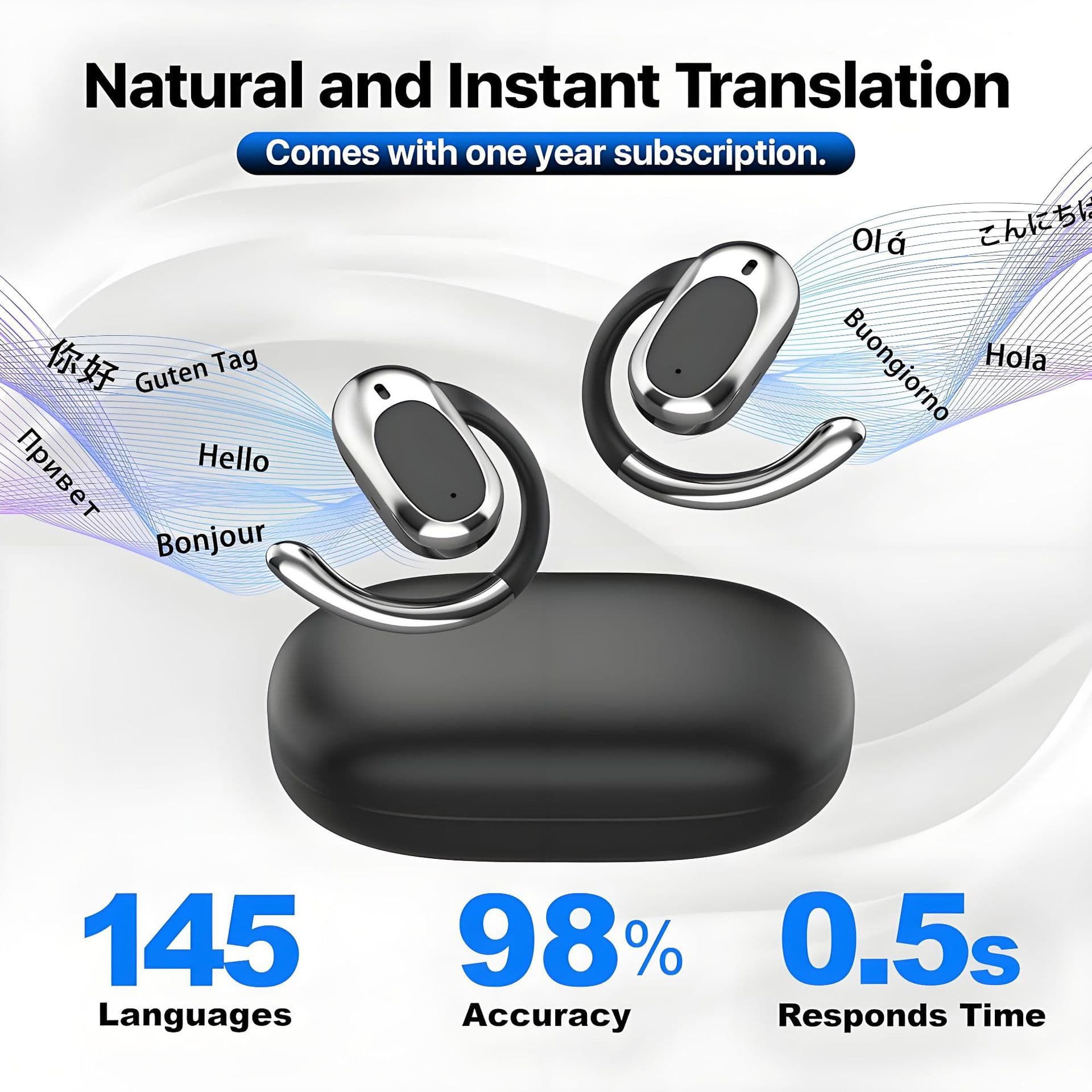 Real-time Translation Earbuds 144 Languages AI Smart Translation Blue Headphones Long Battery Life Translation Earbuds OWS