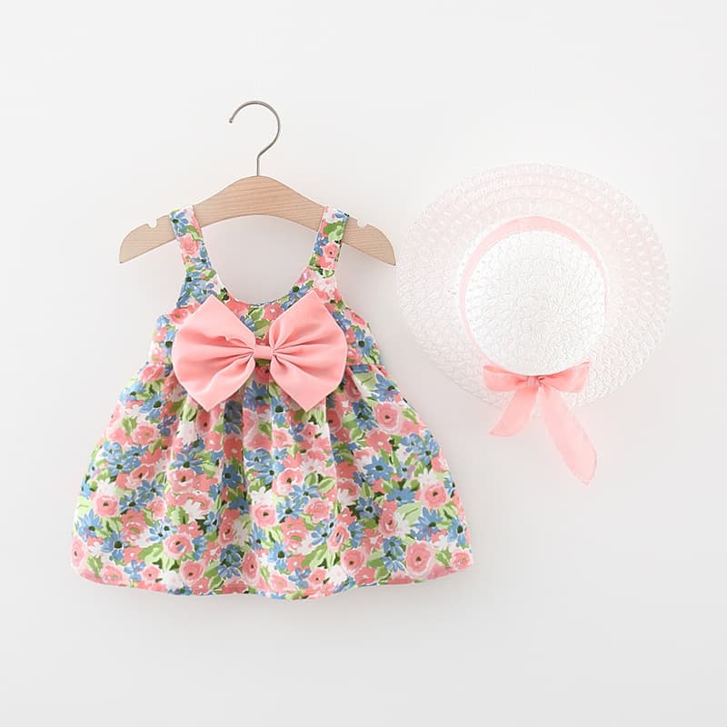 2022 Summer New Floral Print Strap Bow Cotton Dress Girls Korean Style Strap Cotton Dress with Straw Hat