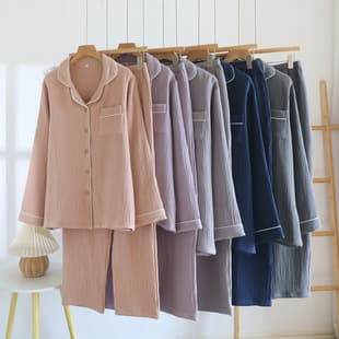 New Four-Layer Gauze Couple Solid Color Long Sleeve Plus Thick Spring/Autumn Cotton Solid Casual Homewear Set