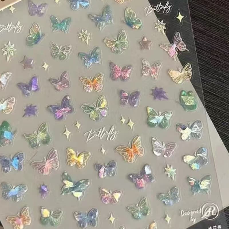 Xiaohongshu Popular Shell Aurora Butterfly Nail Art Stickers Cut Out Liquid Wings Streamer Butterfly Nail Stickers Decorations