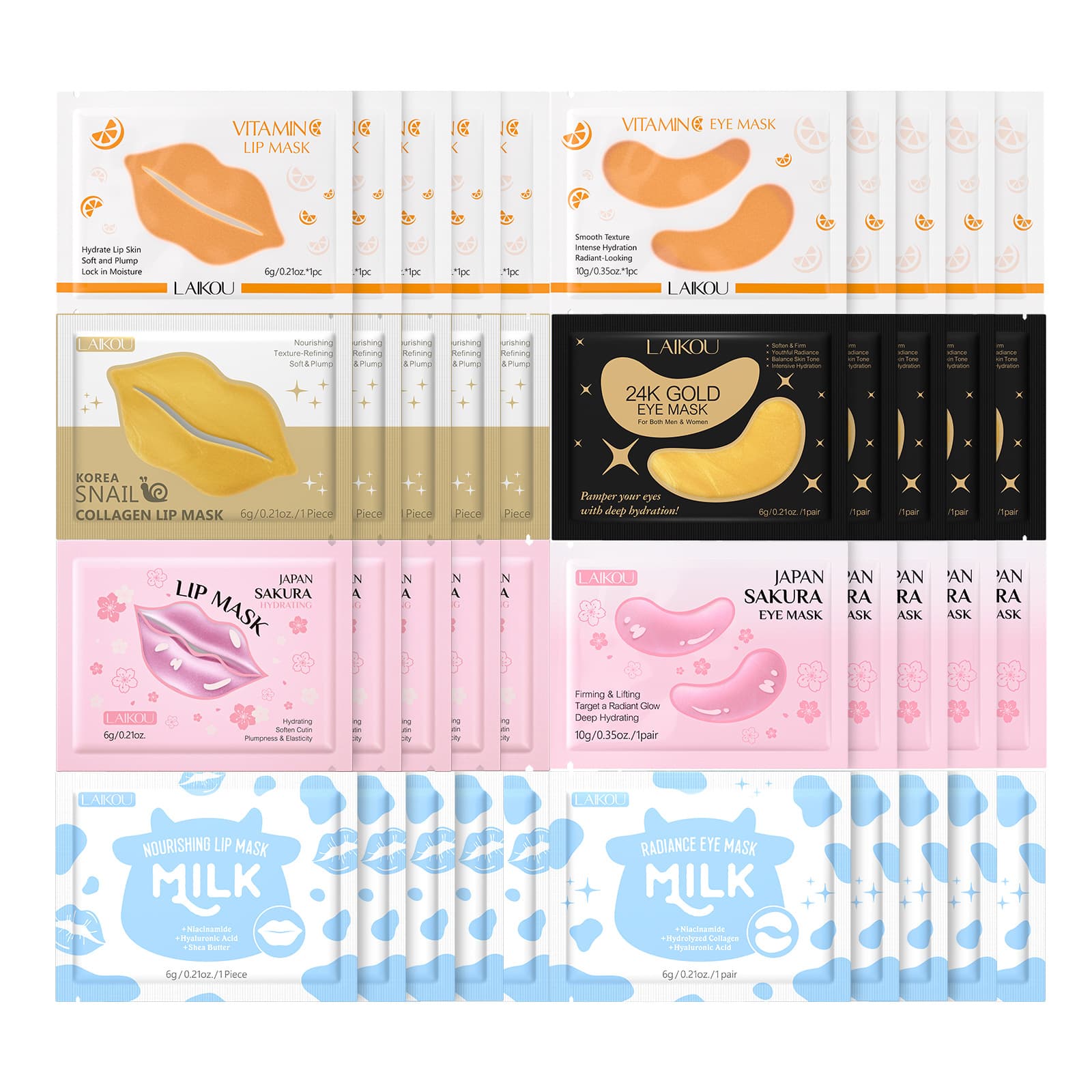 Cross-Border LAIKOU Lip Mask and Eye Mask 8 Combinations * 5pcs Moisturizing and Nourishing In Stock Lip Mask Eye Mask