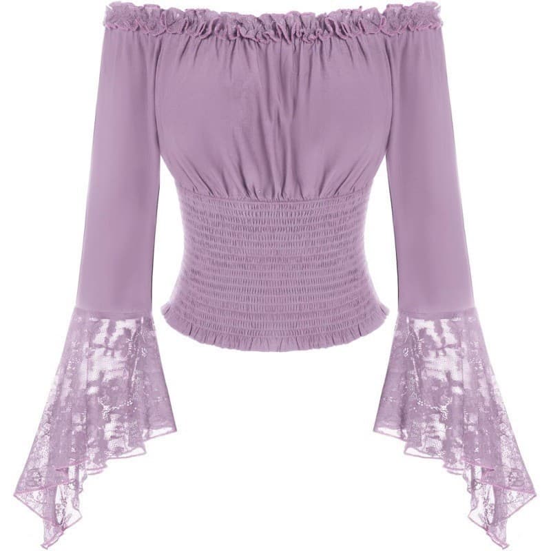 Amazon Cross-Border European American Lace Off-Shoulder Long Sleeve Blouse Women 2026 Spring New Style One-Shoulder Ruffle Top