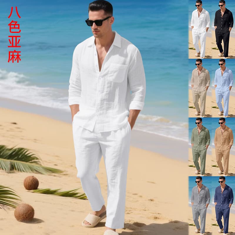 Cross-border European and American men's autumn loose and trendy linen solid color simple lapel long-sleeved shirt beach pants suit