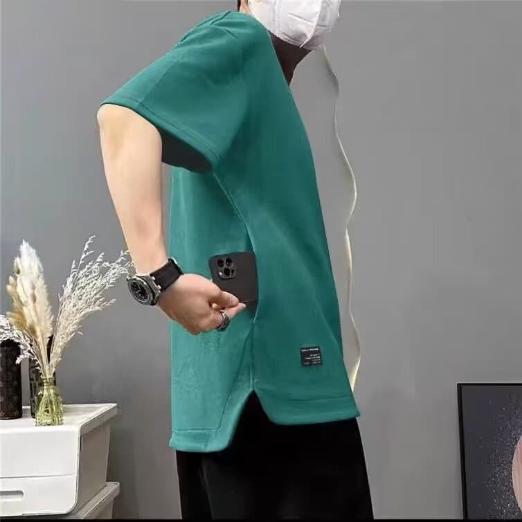 2025 Men's Short Sleeve Round Neck Summer Solid Color Loose Large Size T-Shirt Hidden Pocket Heavy Weight Cool Breathable