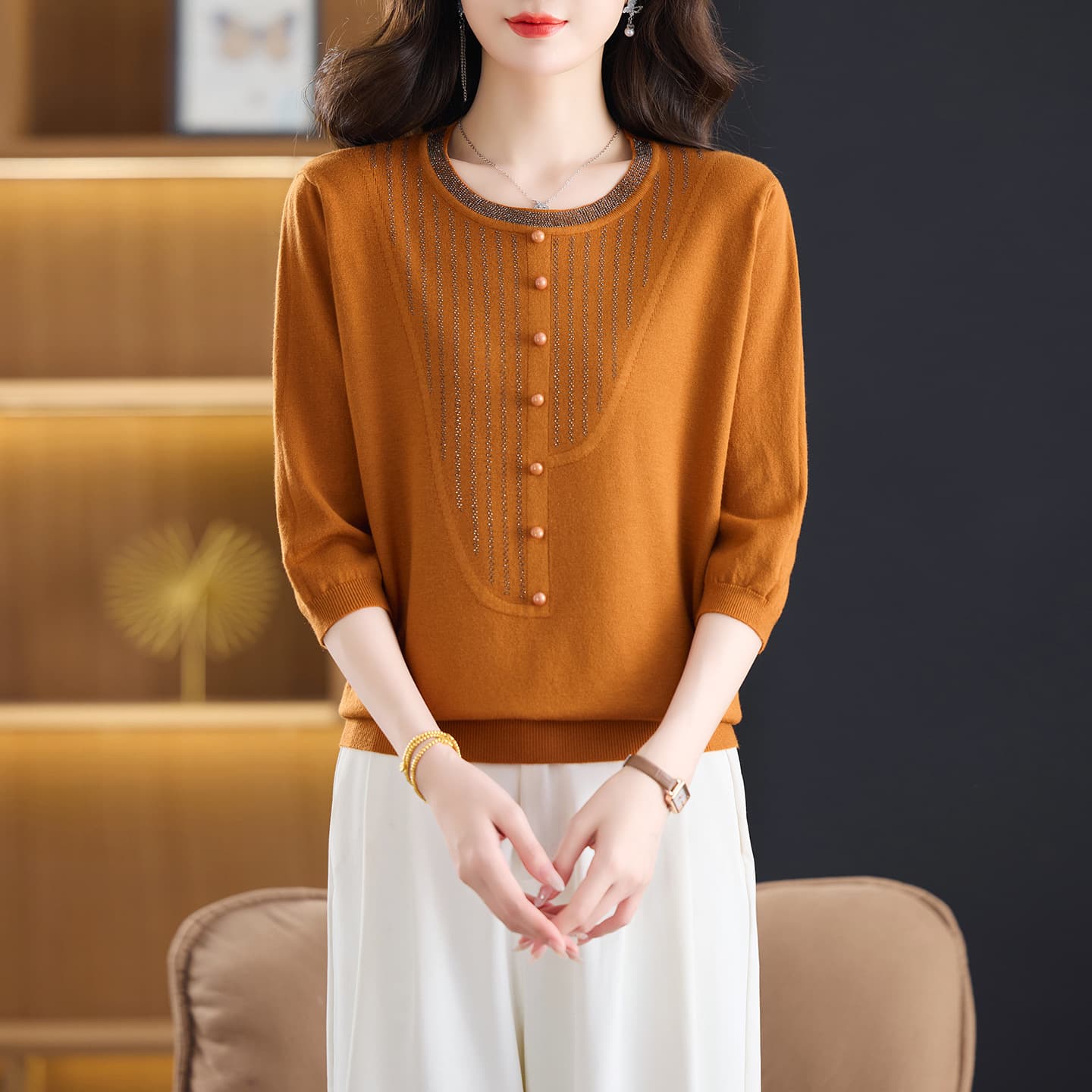Three-quarter sleeve top for women, mother's style base layer, 2026 spring/summer new thin plus size knit top for women