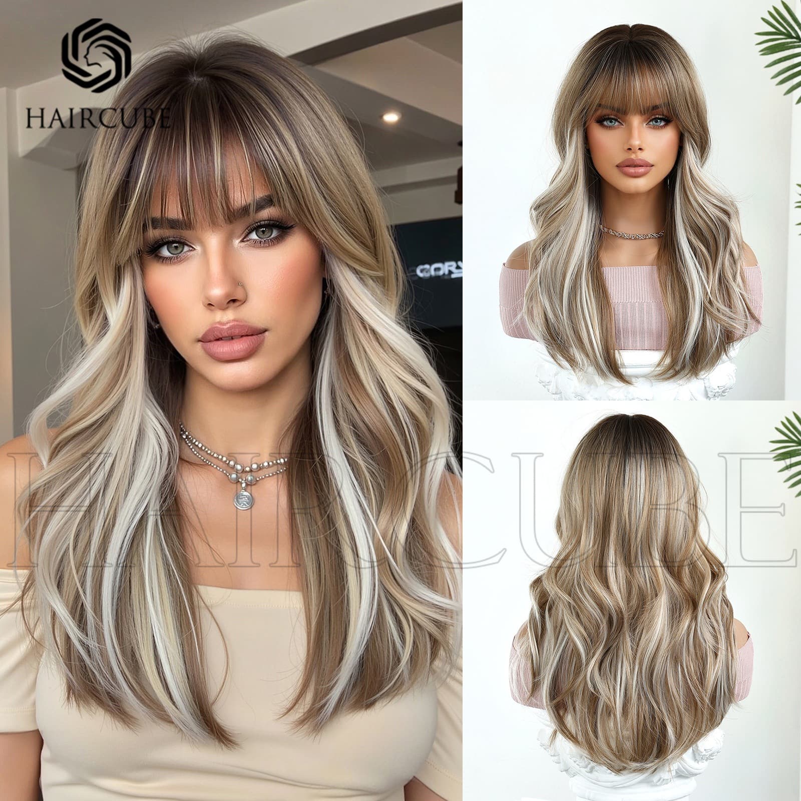 Wig Long Curly Hair New Style Brown Highlighted with Bangs Medium Long Curly Hair Machine-Made Synthetic Fiber Headgear Natural Factory Wholesale