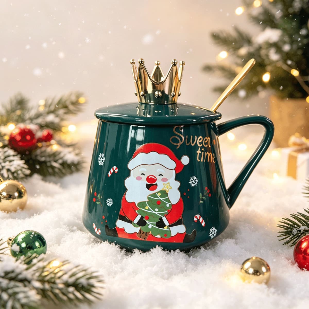 Christmas 7-Shaped Handle Crown Ceramic Mug with Lid and Spoon Creative Couple High Appearance Holiday Gift Home Cup