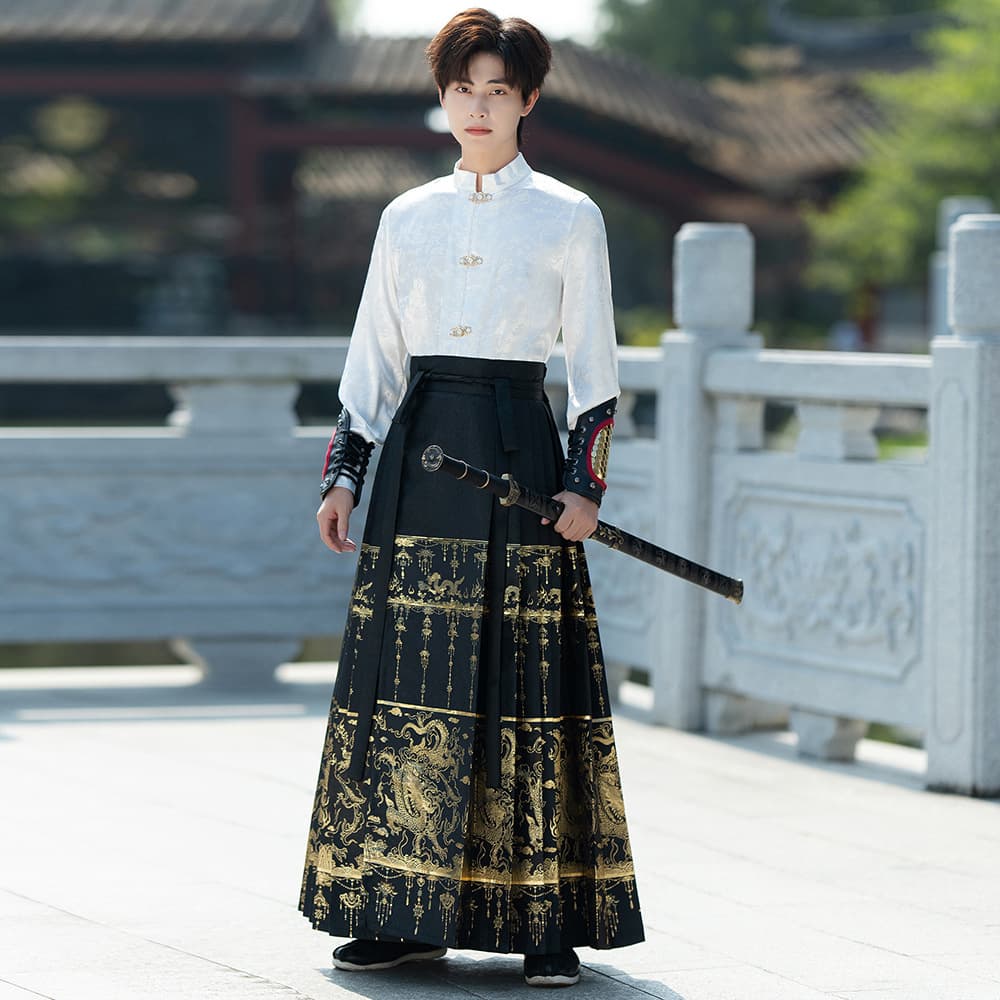 Handsome Dragon Pattern Woven Gold Vest Skirt Men's New Plus Size Hanfu New Chinese Style Stand Collar Top Student Class Clothes Suit