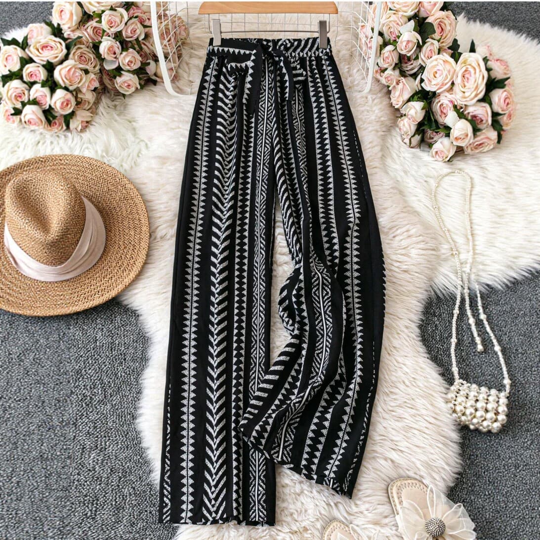 High Waist Tie Geometric Print Wide Leg Pants Women Loose Straight Casual Trousers Summer New Fashion Versatile Pants