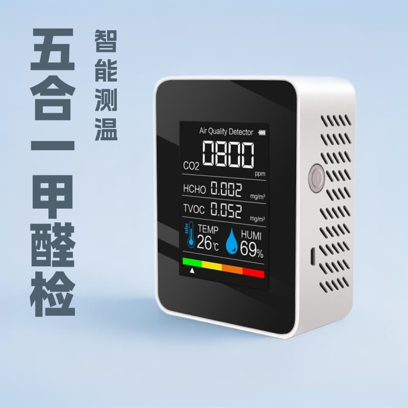 Five-in-One Formaldehyde Detector, CO2 Monitor, Air Quality Tester with Temperature and Humidity Detection