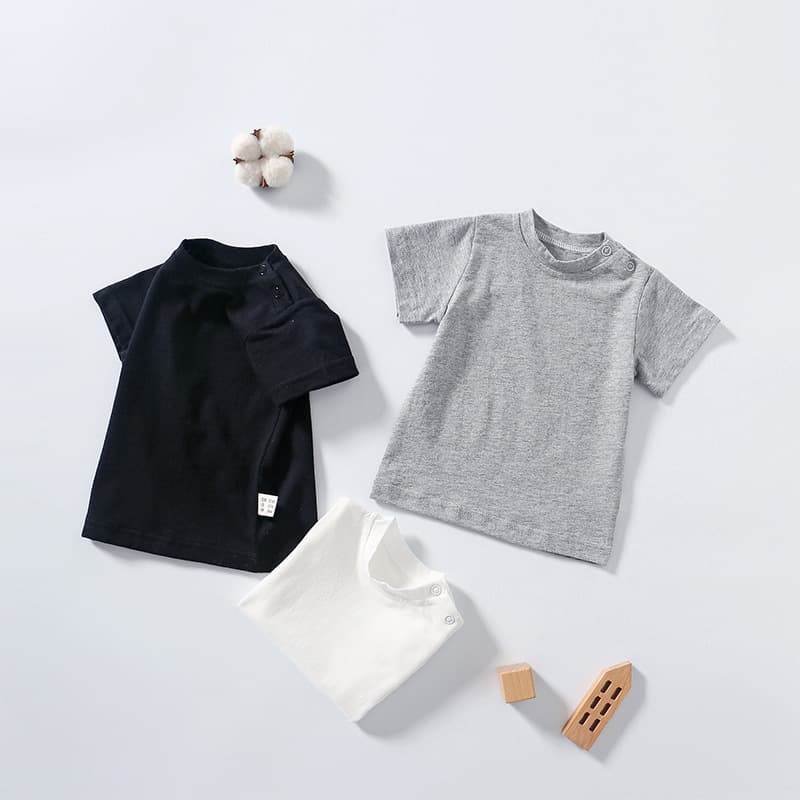 Summer new baby round neck shoulder button short-sleeved T-shirt for boys and girls baby cotton top solid color bottoming shirt