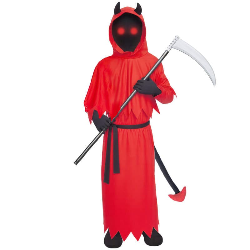 Halloween children's costume red scary horns Death Satan Demon cos dress luminous eyes sickle suit